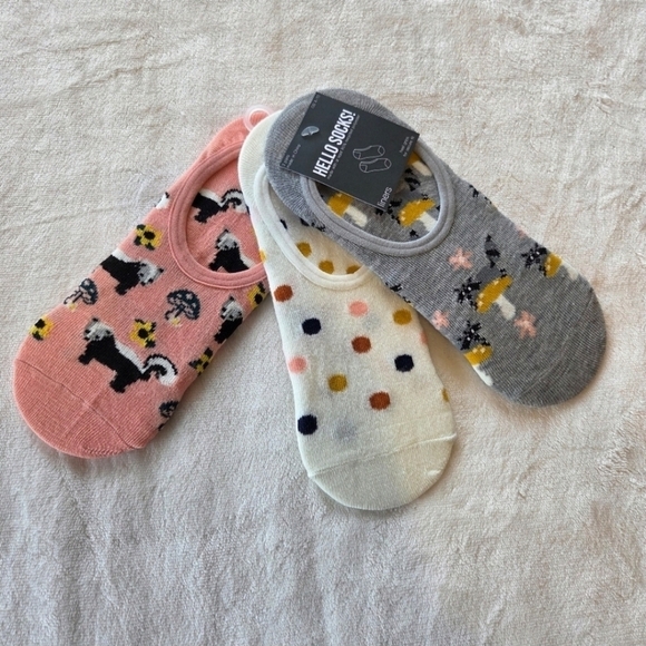 Accessories - 3-Pack No-Show Liners Skunk Mushroom Polka Dot OS 4-10 Raccoon Earth Natural New